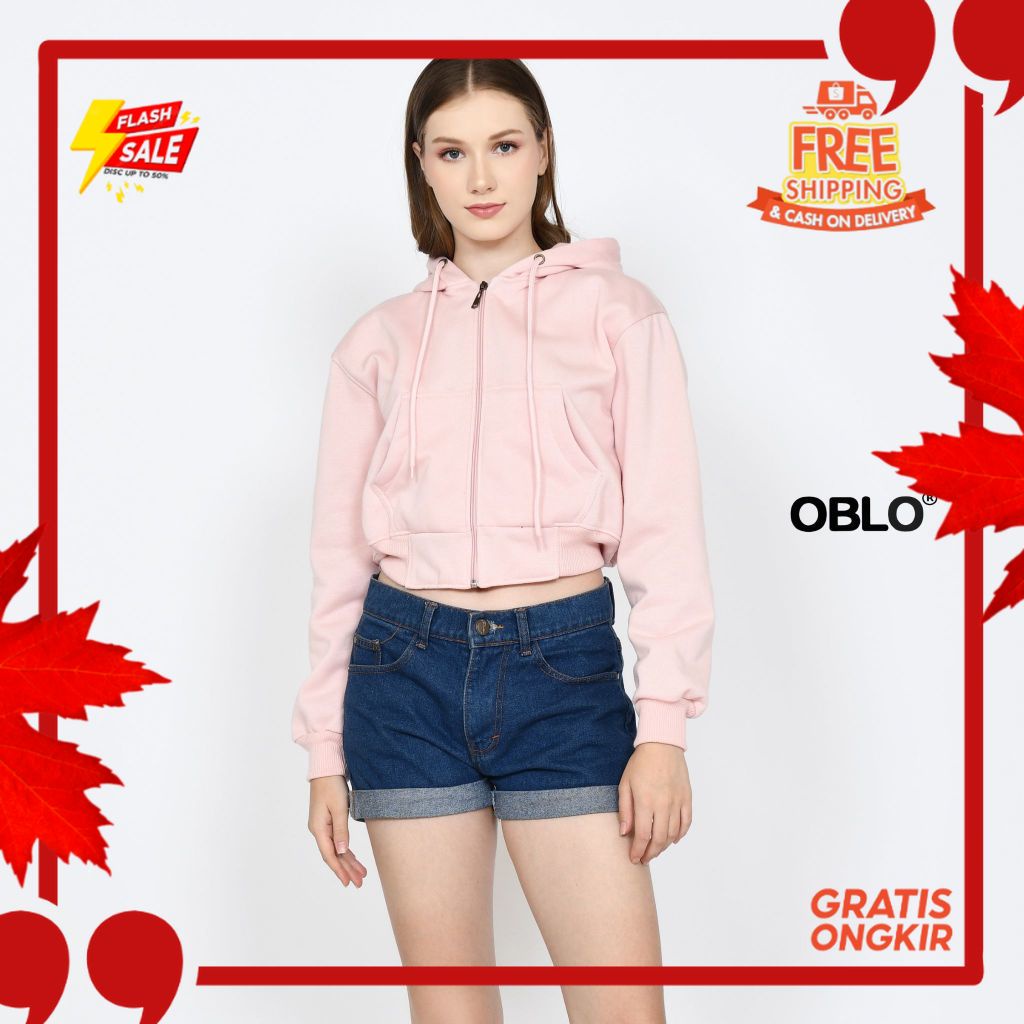 OUTFIT JKT48 TERBARU NEW ERA //OBLO Basic Hoodie Crop Zipper Jaket Resleting Wanita Allsize