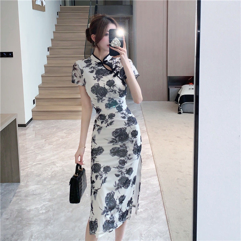Chinese style improved cheongsam sexy knee length dress