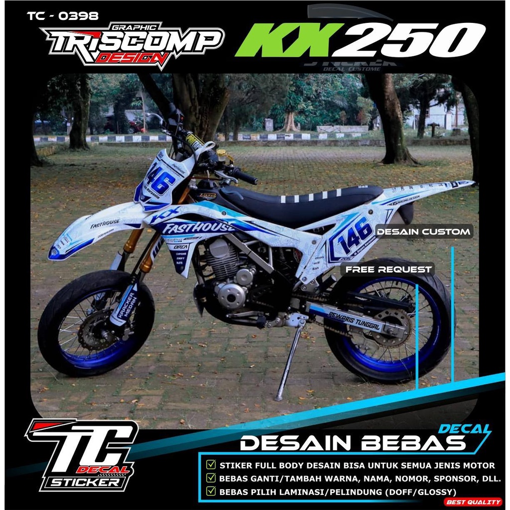 Decal Sticker KX 250 fullbody Decal KXF 250 Full Body Motif keren putih list biru Desain Custom Bisa