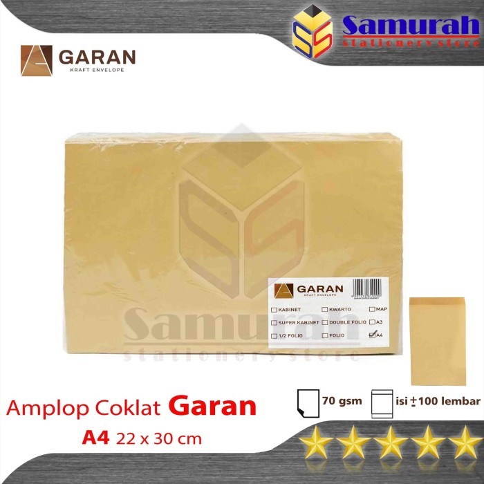 

Amplop Kertas Coklat GARAN Ukuran A4 22 x 30 cm 1 pak isi 100 Lembar