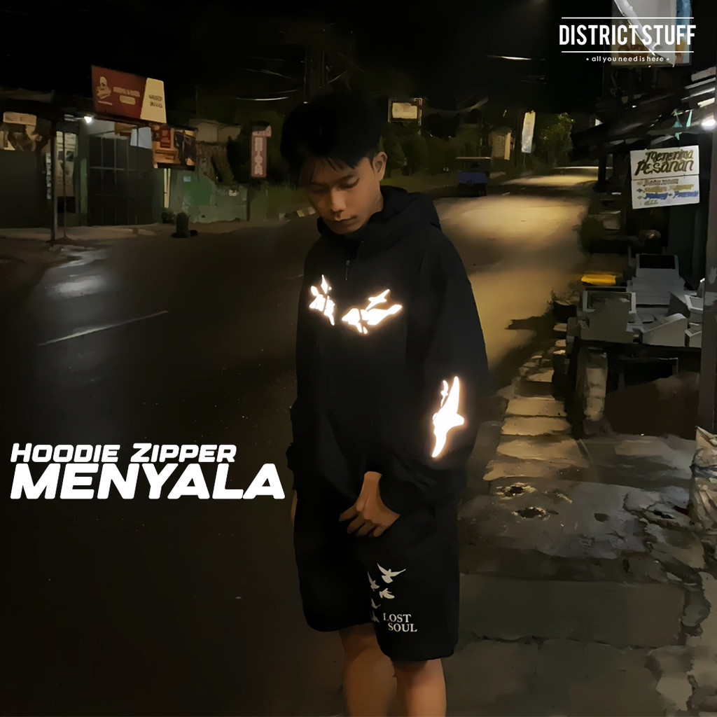 Hoodie Zipper Reflektif Mind Menyala Dalam Gelap Jaket Pria Wanita Cotton Fleece Premium