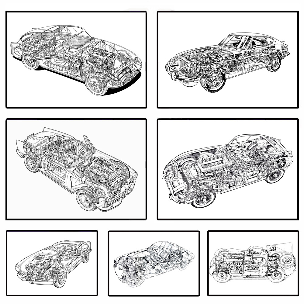

Vintage Car Assembly Structure Sketch Print Poster Pencil Drawing Sports Car Wall Art Modern Canvas Painting Home Room Decor