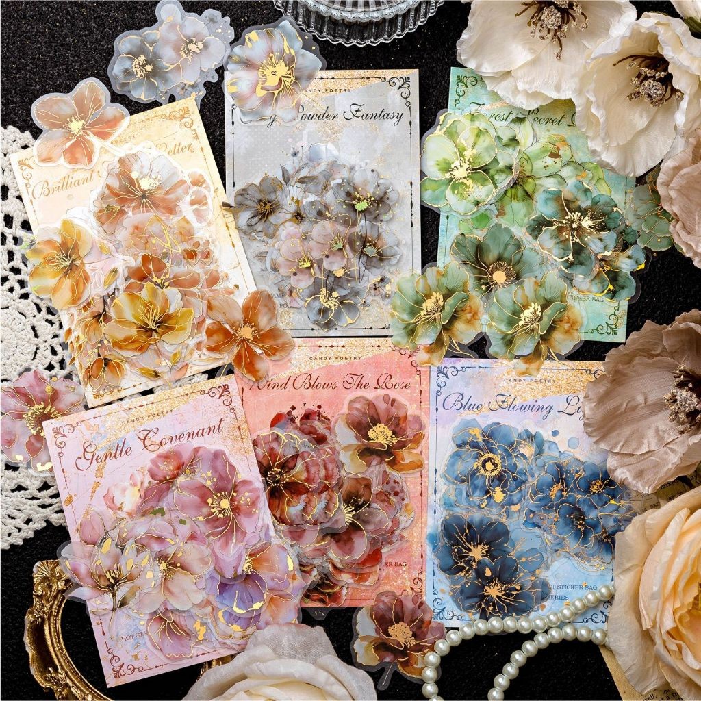 

[Gongjin] 20pcs Sticker Candy Poetry CP TS06 Bunga Flower Stiker Estetik Cantik Emas Besar