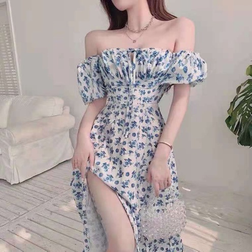Mini Dress Putih Bunga Biru Lengan Balon - Dress Casual Kasual / Summer Dress / Daisy Dress / Dress 