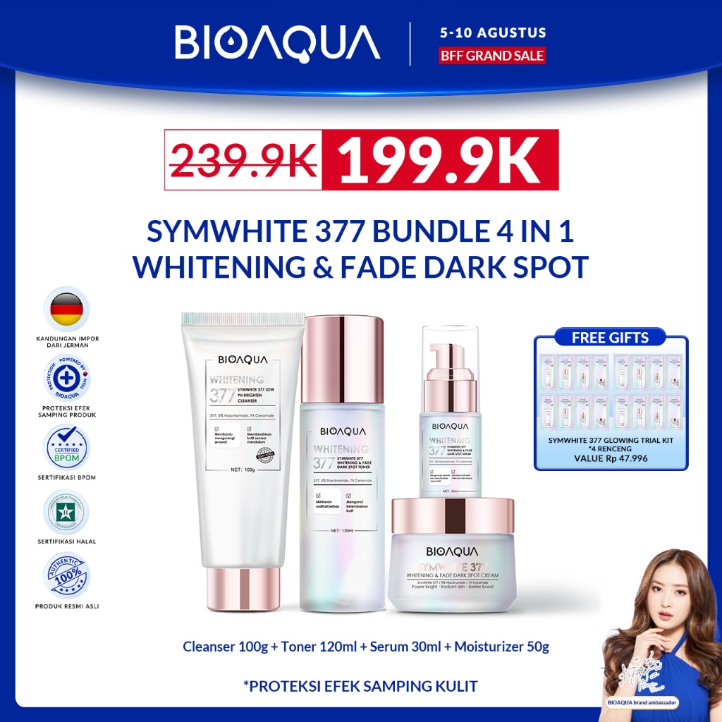 BIOAQUA SymWhite 377 Whitening & Fade Dark Spot Paket Skincare Set With Flek Hitam Serum Wajah Glowi