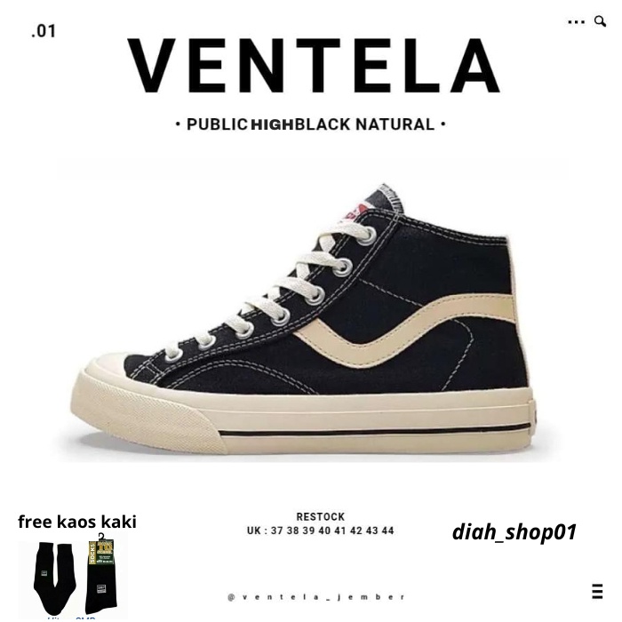 DISKON Ventela Black Natural High Top Public Low Sepatu Pria Wanita