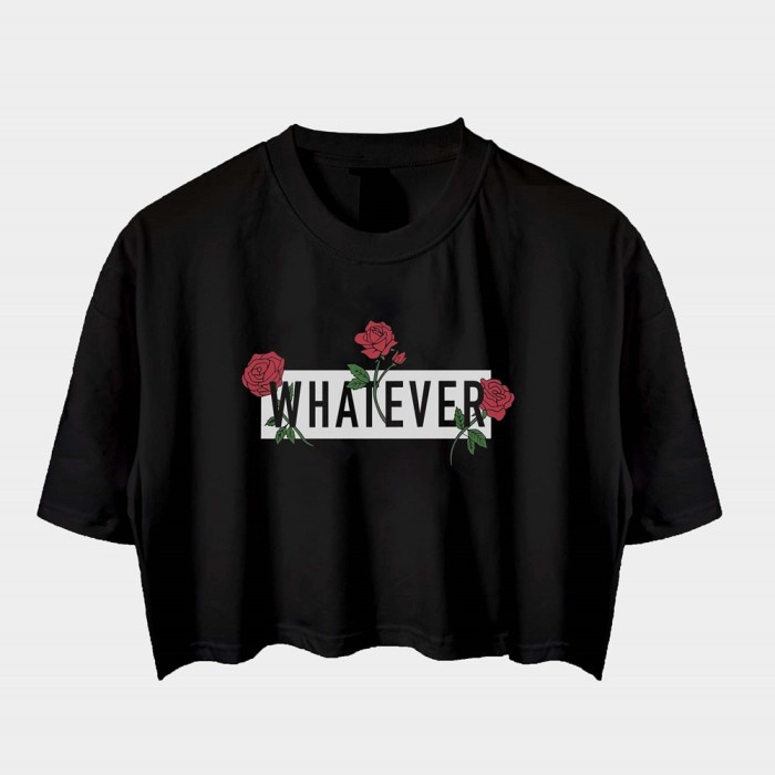 Kaos Crop Top Korea Wanita Polos Kaos Wanita Crop Tee WHAT EVER - Hitam, M