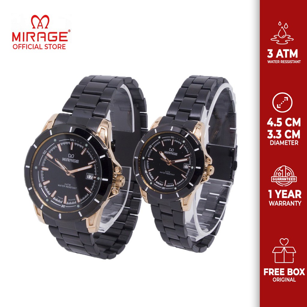 Miragewatch Offical Jam Tangan Mirage Cewe Cowo Couple Pasangan 8713 Hitam Black Rosegold