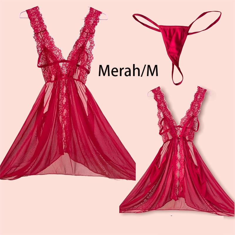 Lingerie Seksi Backless Piyama Seksi Satu Ukuran M Renda Seksi V-Leher Baru Desain Sifon Pakaian Dalam Seksi/Wanita Seksi Piyama/Lingerie Seksi Piyama Dewasa-Anggur merah