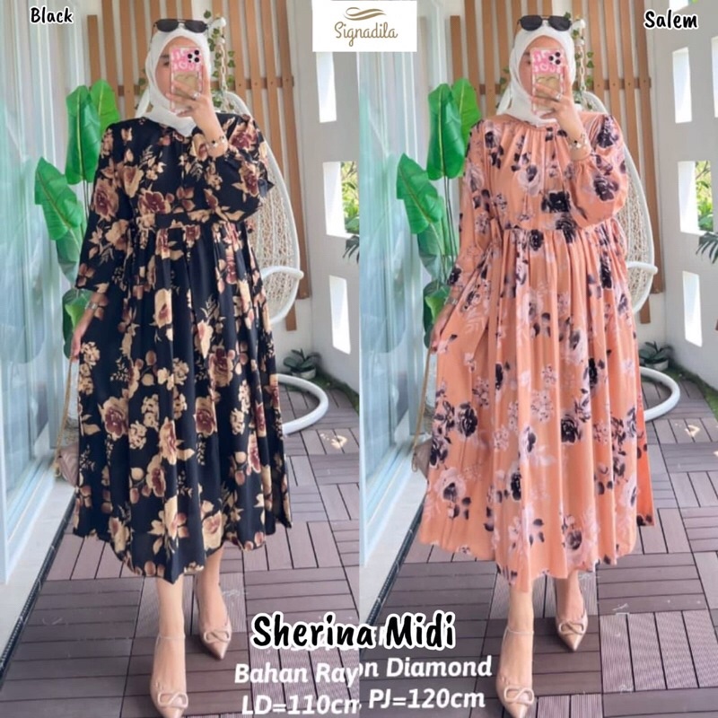 SHERINA MIDI DRESS / GAMIS WANITA MOTIF CANTIK 4 WARNA ORI BY SIGNADILA