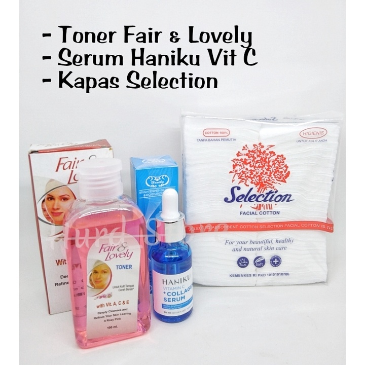 HM Paket 3 in 1 Toner Fair And Lovely -Serum Haniku  Vit C Kemasan Biru Plus Kapas Selection