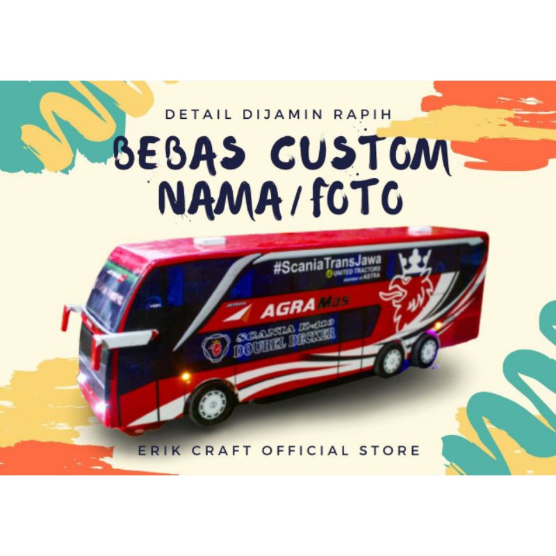 MAINAN BUS TELOLET BASURI SPESIALIS CUSTOM NAMA/FOTO ANAK MINIATUR BIS BUS AGRA MAS DOUBLE DECK TING