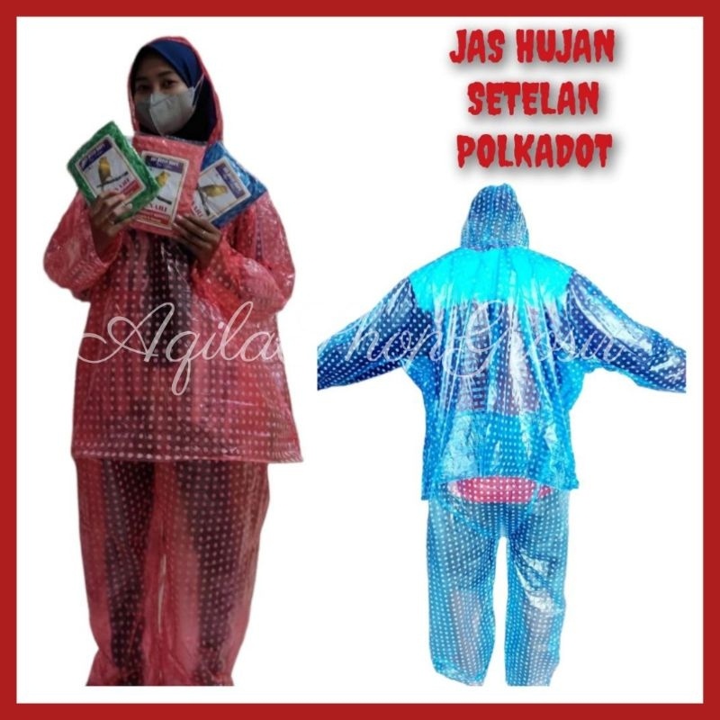 JAS HUJAN PLASTIK MANTEL STELAN JAKET CELANA POLKADOT