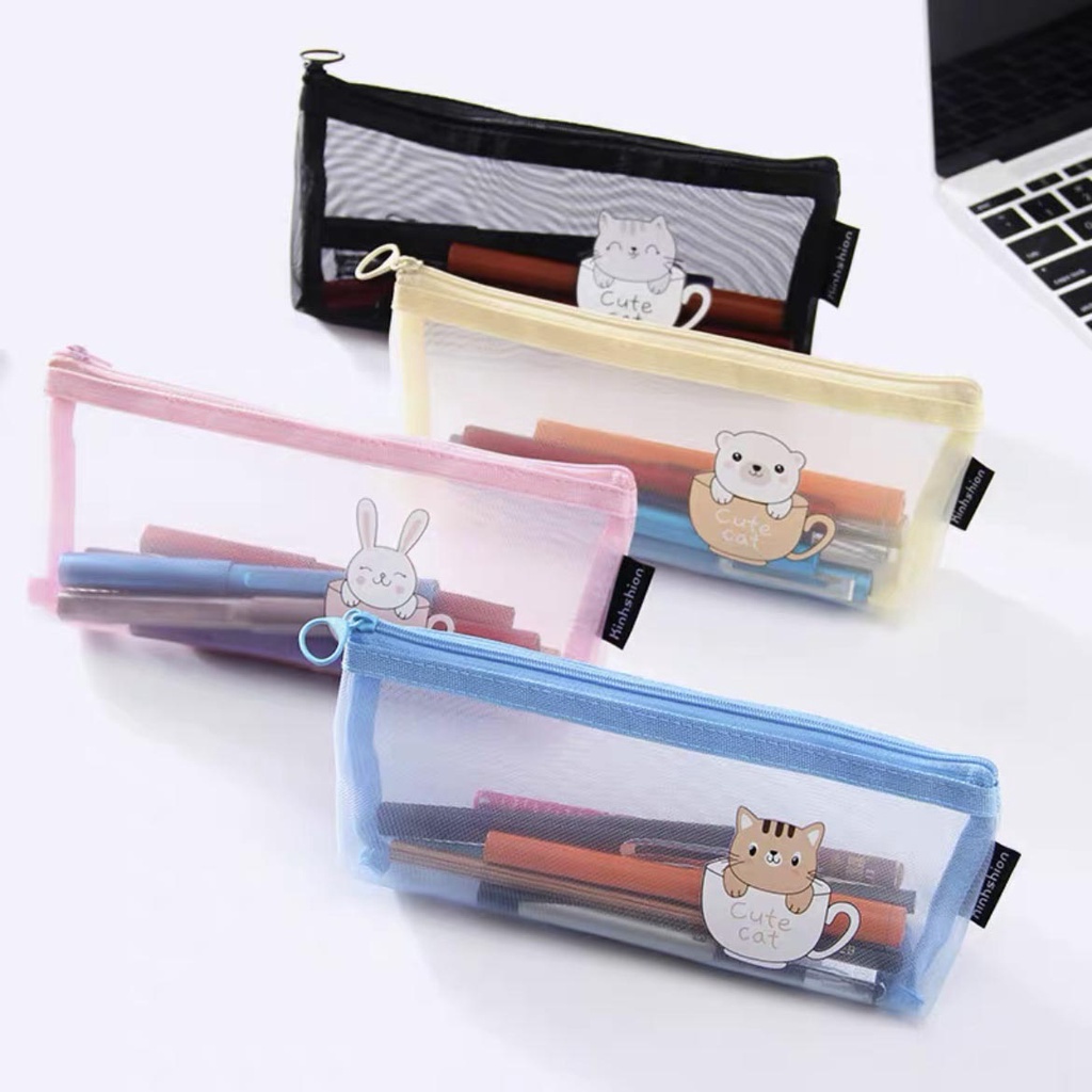 

14A. Kotak Pensil Anak Gambar Kartun Kucing / Tempat Pensil Bahan Mesh Jaring Transparan