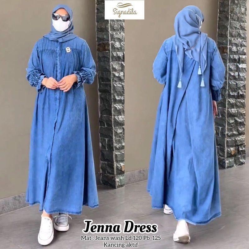 Jenna Midi Dress Gamis Muslim Wanita Matt Jeans Premium Baju Dress Wanita Terbaru 2023 Casual Dress kekinian terlaris
