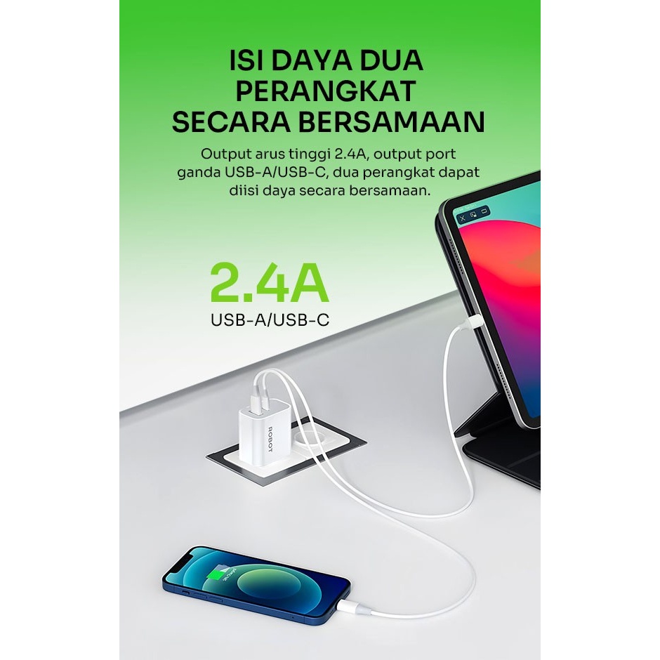 ROBOT Adaptor Charger 2.4A Fast Charging RT-K8 PLUS Port USB &amp; Type-C Batok Casan 2 Port Garansi 1 Tahun