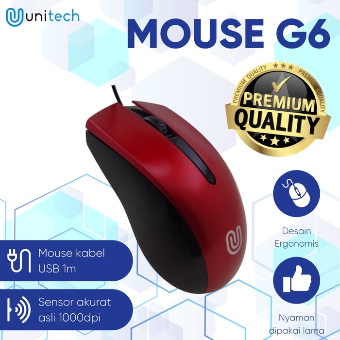 SSAALLEE Unitech Mouse Kabel Optikal G6 Wired Kabel USB 1000DPI Laptop PC - Merah