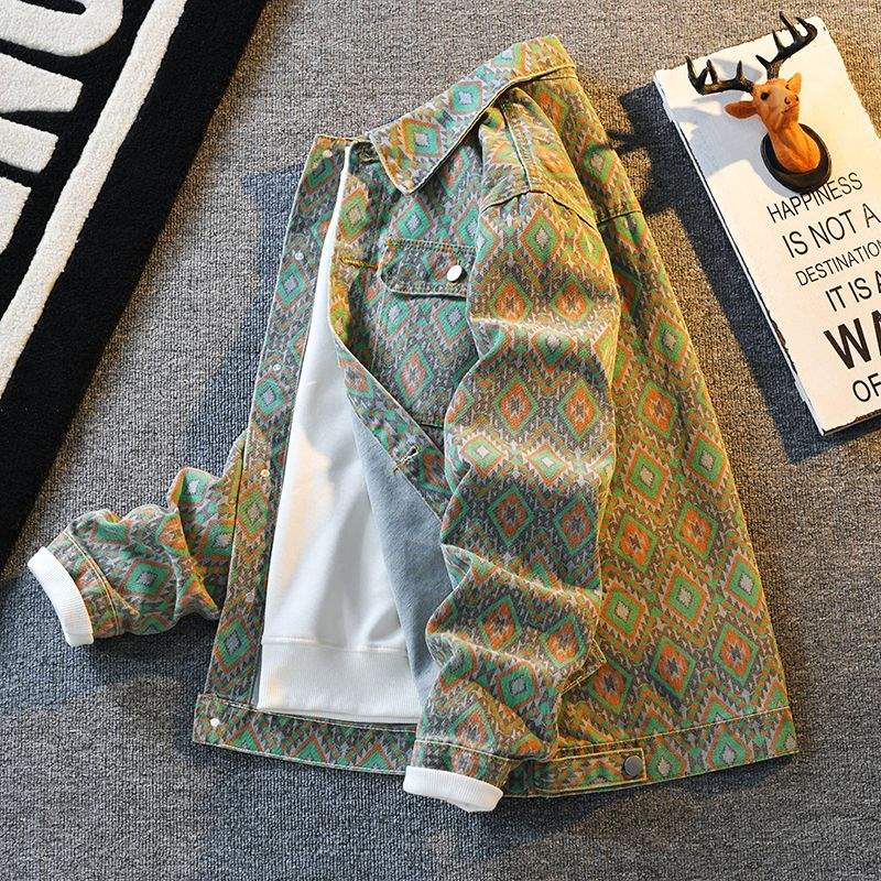 Men's heavy-duty cashew flower denim jacket, men's printed men's casual jacket