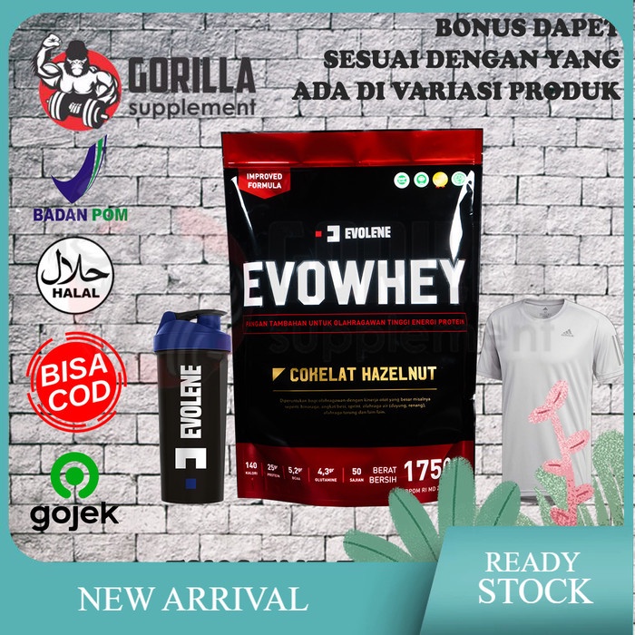 Evolene EVOWHEY Coklat Hazelnut 50 Sachet 1750 Gram 1.75kg Evo Whey - Coklat, Shaker+Singlet