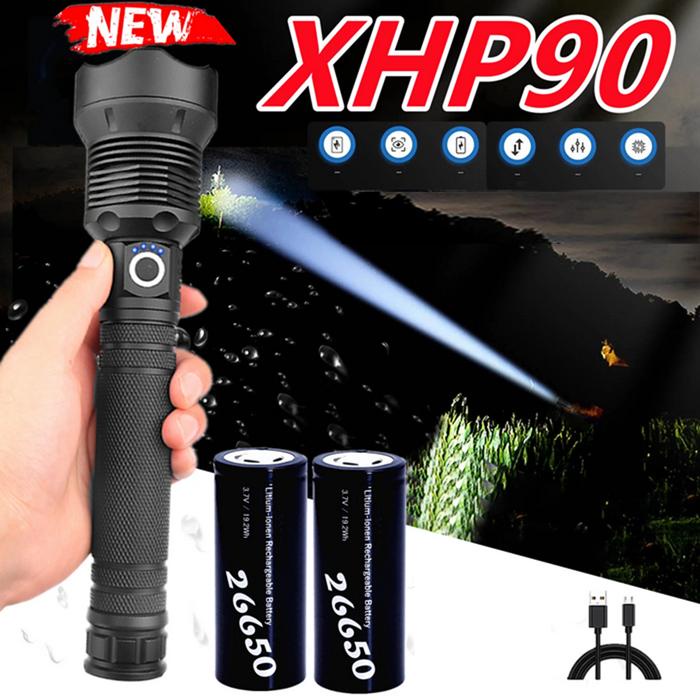 Xhp90 Senter LED Super Terang Strongest Xlamp XHP90 dengan BATERAI jumbo 2x26650 + Adaptor USB Recha
