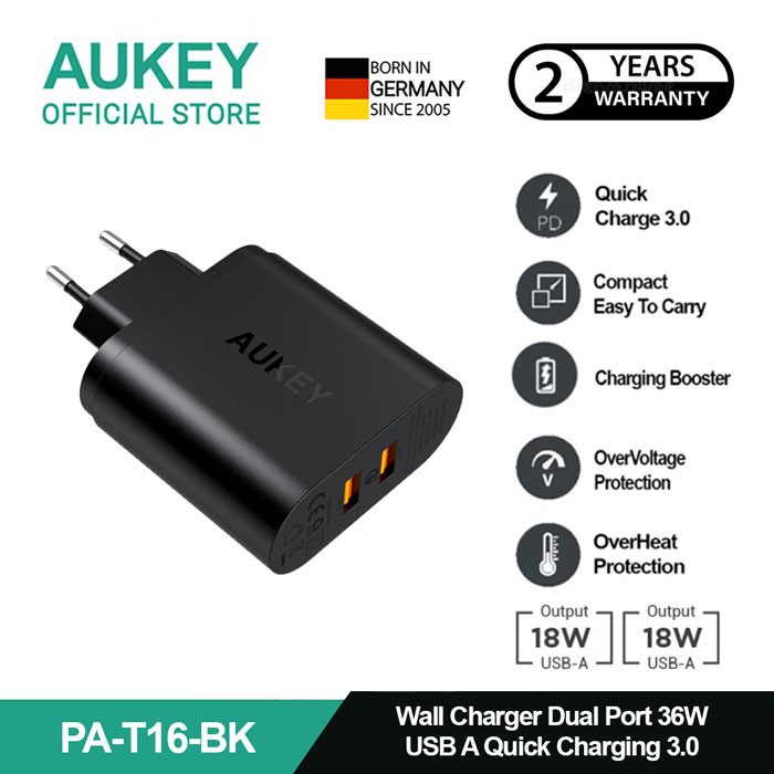 Aukey Charger Dual Port USB A Quick Charge 3.0 36W PA-T16 Black