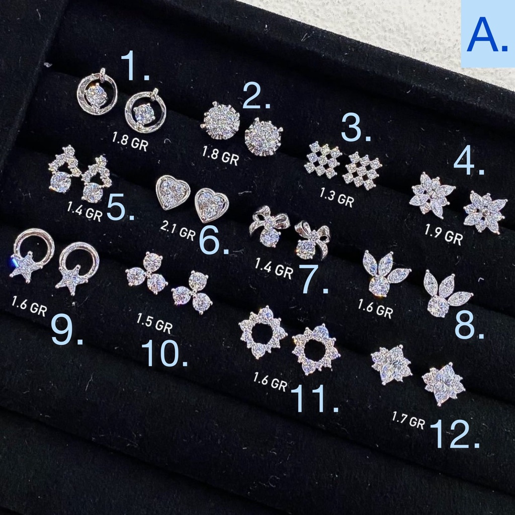 Anting stud anak dan dewasa emas asli kadar 750 75 17k whitegold solitaire clover love x putih kerab