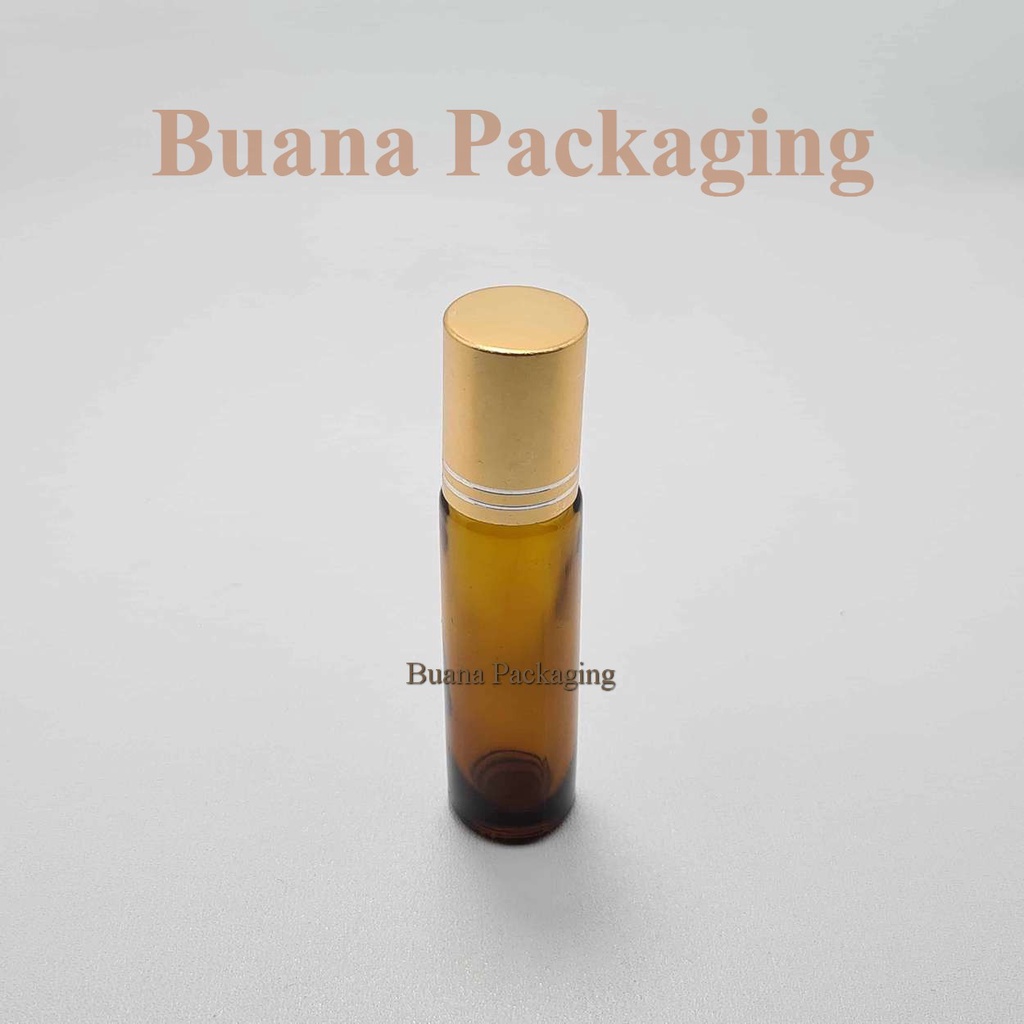 Botol Roll On 10 ml Amber Original Tutup Stainles Emas Shiny Garis Bola Stainles / Botol Roll On / Botol Kaca / Parfum Roll On / Botol Parfum / Botol Parfume Refill / Roll On 6 ml