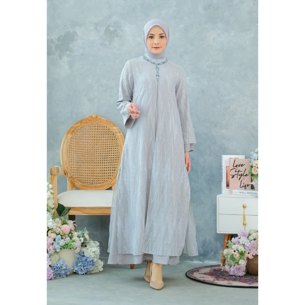 "Girya.Syo" - TERBARU Gamis Brukat Modern Premium Abu Abu By Brilliant Girl - 03-DR-M097GREY, XXL