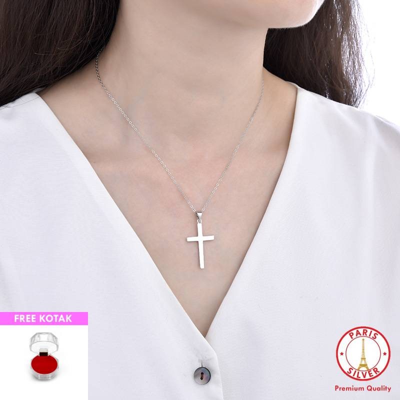 Kalung Salib Polos Perak Asli Silver 925 Lapis Emas Putih Wanita Cewek Salip Elegan