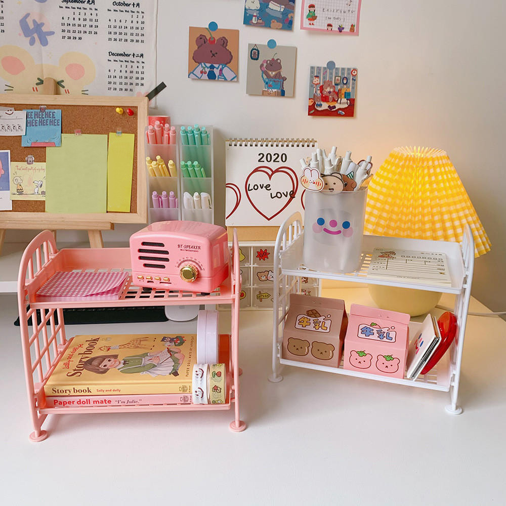 

Double-Layer Desk Organizer Shelf Office School Supplies Home Dormitory Desktop Stationery Foldable Cosmetic Holder Shelves Rack