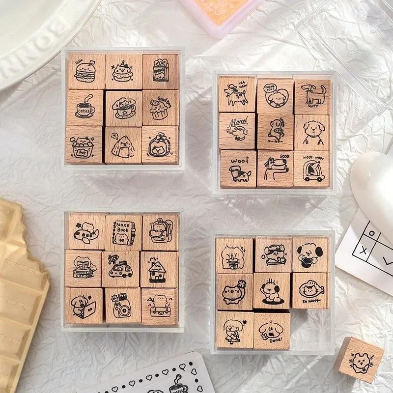 

9pcs/set Cute Little Cat Decoration Stamp Retro Wooden Rubber Stamps for Scrapbooking Journal Diy Craft Standard Seal
