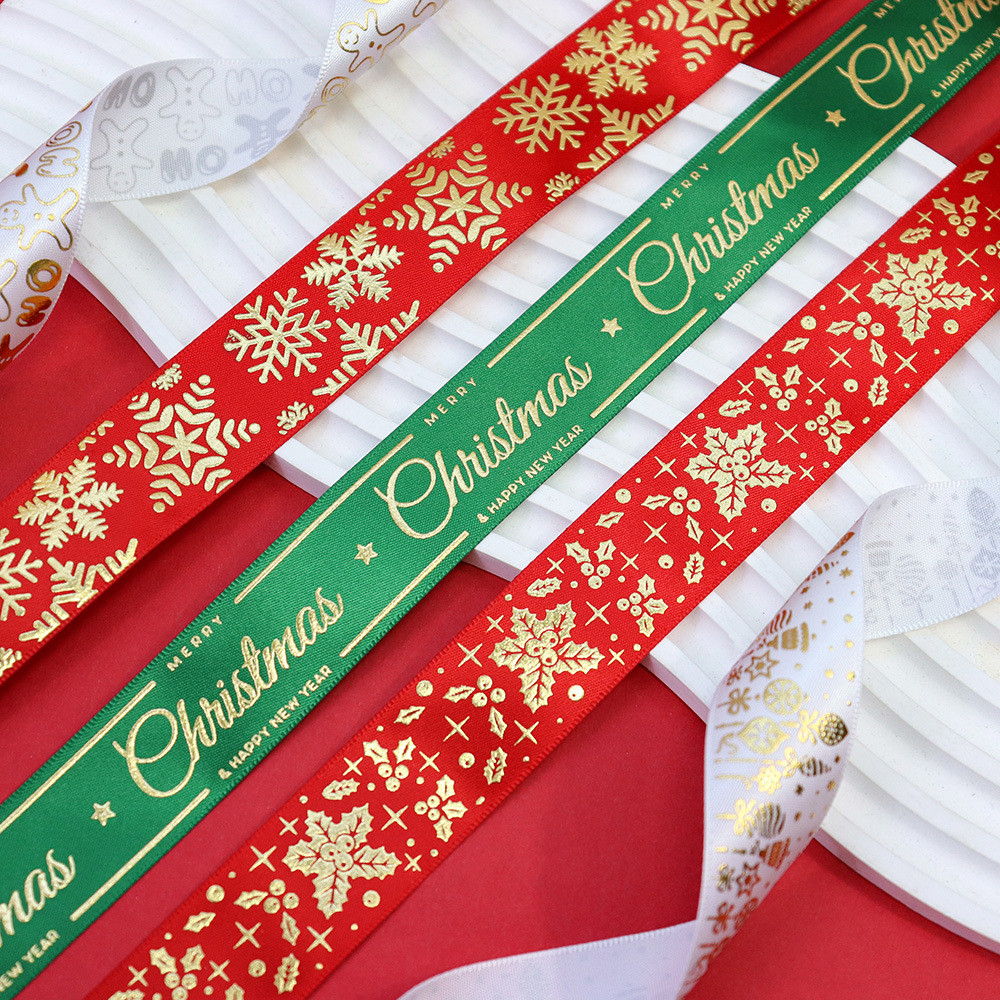 

50Yards 25mm Gold Foil Christmas series Satin Ribbon For DIY Packing Accessories Welcome custom designs