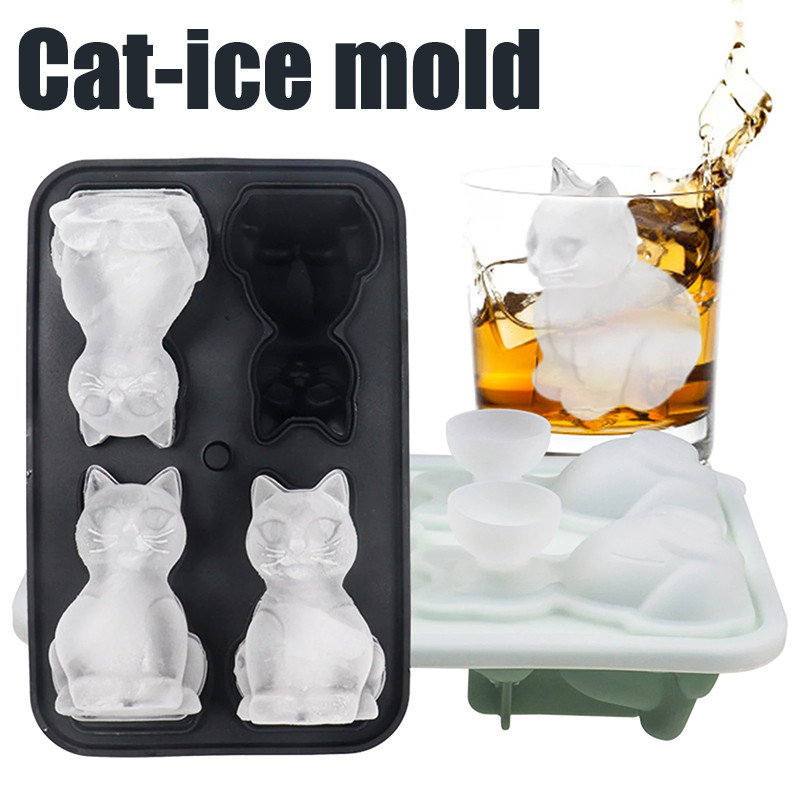 3D Cat Ice Cube Mold With Funnel Silicone 4 Cavity Cat Ice Cube Trays For Whiskey Wine Cocktail Ice 