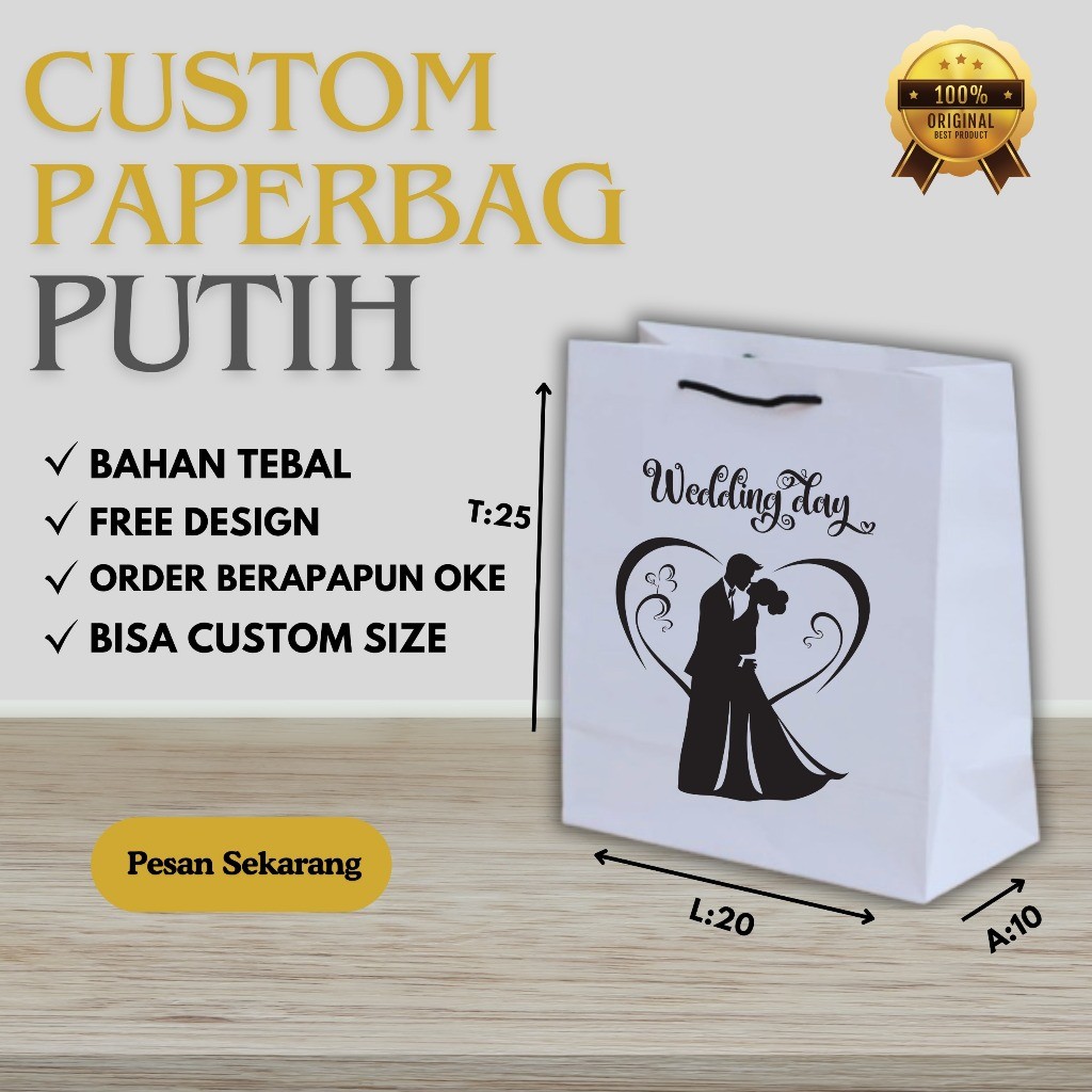 

PAPER BAG PUTIH CUSTOM SABLON 15X25X8 / PAPERBAG PUTIH SABLON / TAS KERTAS SOUVENIR