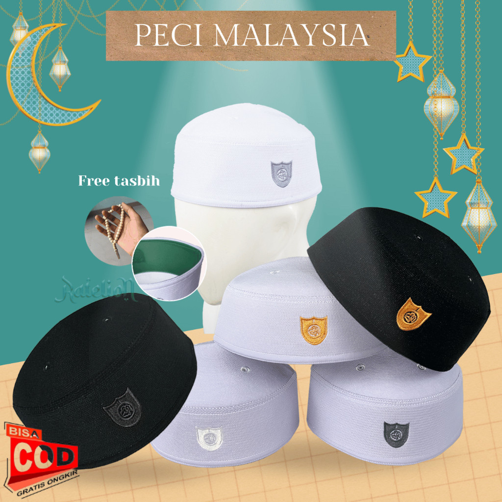 Peci MALAYSIA Haji Pria Kopiah Malaisia Putih Hitam Dewasa Anak Laki Kopyah Malasya Ori Asli Bulat M