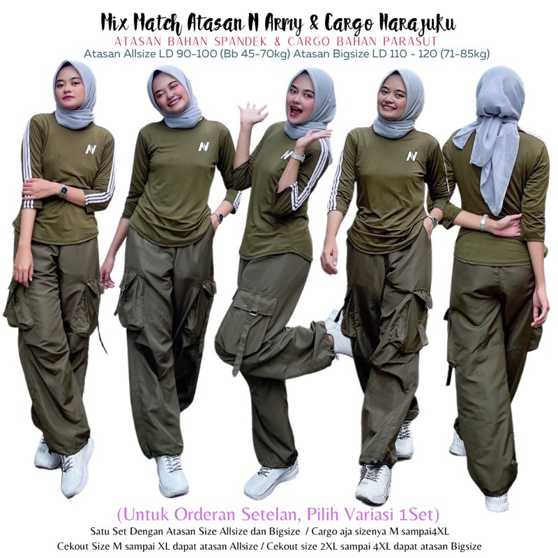 Mix Atasan Baju Senam N Petir Army Lis Putih dan Cargo Harajuku Army lis Putih (bisa dibeli Terpisah
