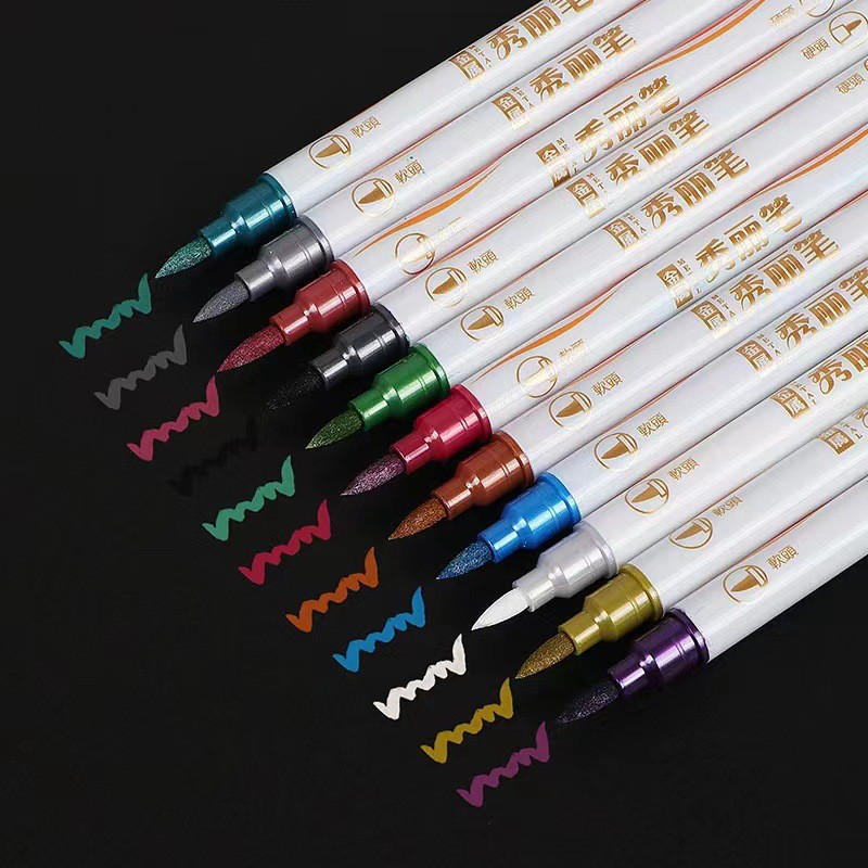 

10 Colors Brush Tip Metallic Paint Markers Metal Marker for Black Paper, Card Making, Easter Egg, Rock Painting DIY Photo Album