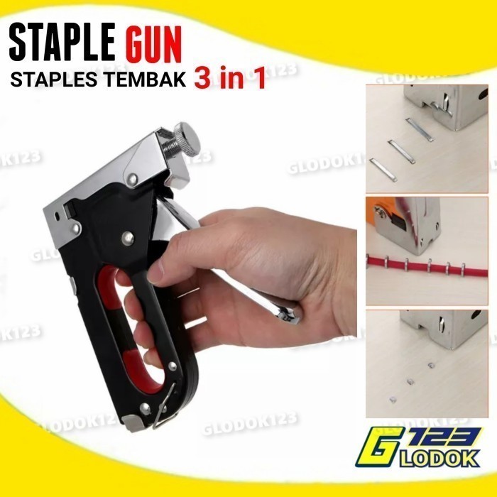 

Staple Staples Steples Gun Tembak 3 in 1 Jok Kulit Kayu Karpet Kardus.