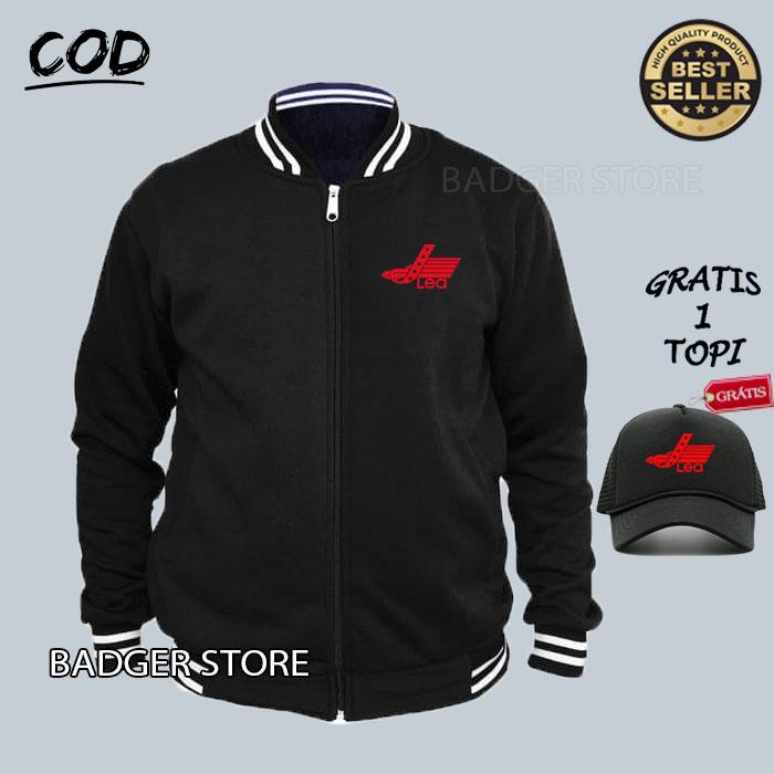 Free Topi... Jaket Zipper Varsity Distro LEA Text Merah Premium Jaket Sweater Hodie Pria Wanita Dist