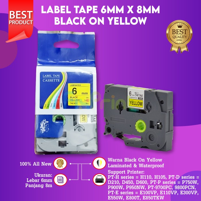 

Compatible Label Tape Laminated TZE-611 6mm X 8m Black On Yellow New SS27