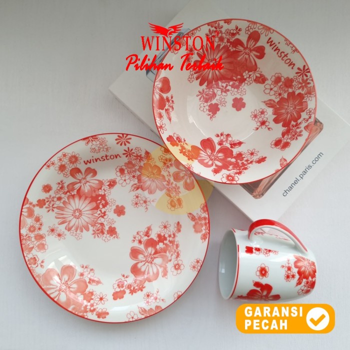 WINSTON 3pcs Set Paket Piring Mangkok Mug COSMOS RED | Paket Hemat 3pc