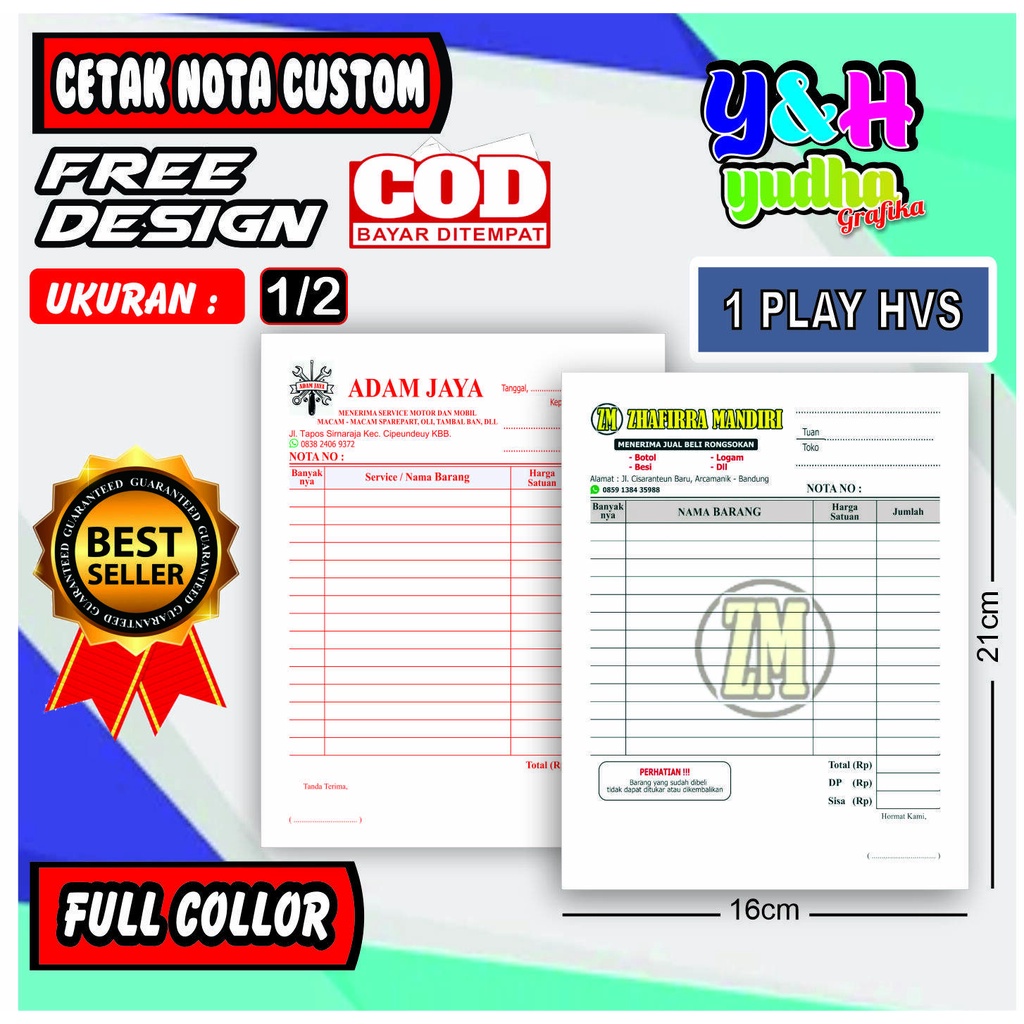 

Nota Costum 1/2 1 Ply (isi 50 lembar)Gratis Desain Gratis Logo Babas Nama Sendiri Y&HYudhagrafika