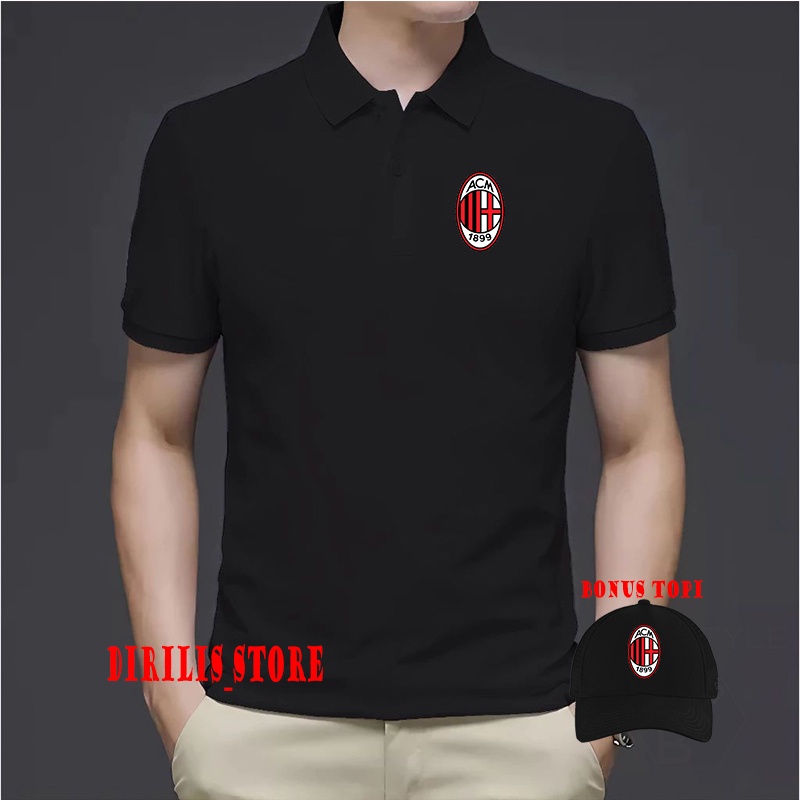 BONUS TOPI  Kaos Polo Kerah Pria & Wanita Logo Ac Milan Premium Unisex / Kaos Polo Logo Bola