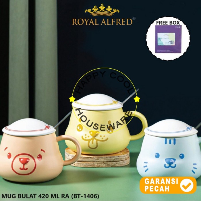 ROYAL ALFRED 1 set Mug Bulat Keramik + Tutup 420ml Assorted BT-1406