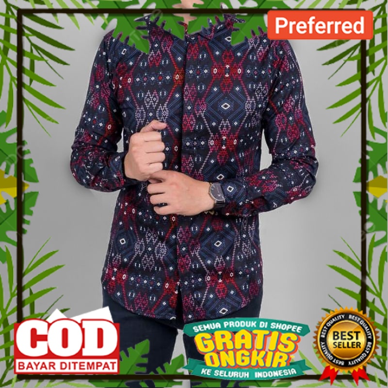 [ READY JUMBO ] HEM KEMEJA BATIK SONGKET PRIA LENGAN PANJANG FASHION COWOK MOTIF KEREN COTTON STREAT