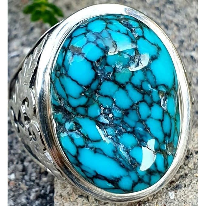 Cincin Batu Akik Natural Turquoise Pyrus Pirus Tibet Hubei Xinjiang Biru Fancy Royal Blue Lawas Urat
