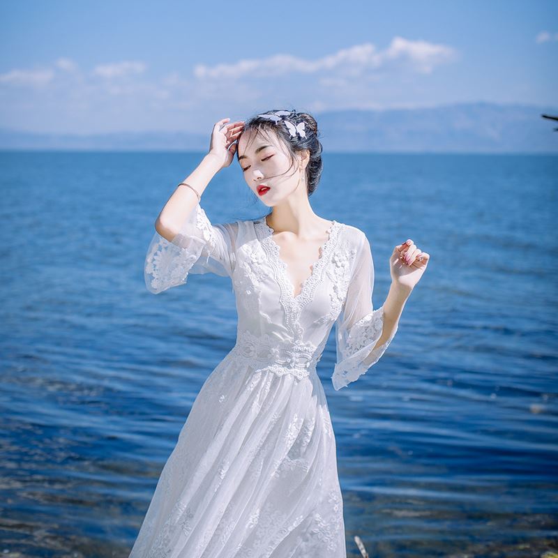 White lace dress, fairy bohemian beach resort, long dress, spring 2024 new summer dress for women