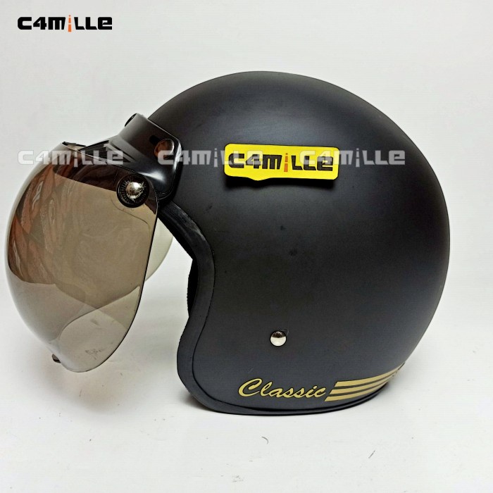 HELM BOGO CLASSIC BLACK DOFF LIST GOLD HALF FACE RETRO MURAH SNI - HELM TANPA KACA