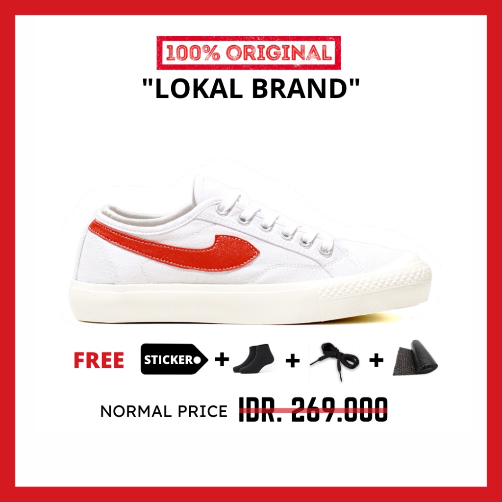 ORIGINAL - Sepatu Brand Lokal Kasual Pria Wanita No Brand White Red Low Not Sneakers Compass Gazelle