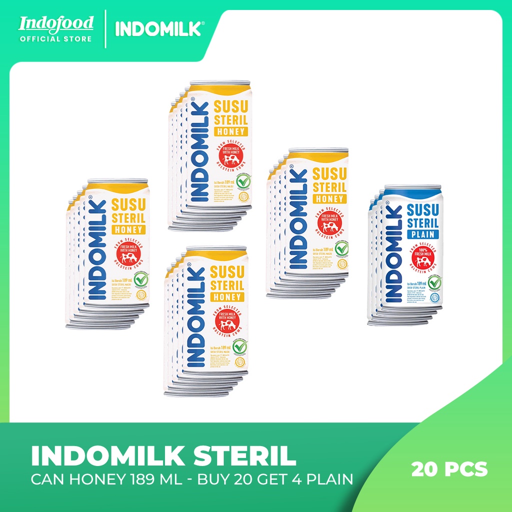 

Buy 20 pcs Indomilk Steril Can Honey 189 ml Get 4 pcs Indomilk Steril Can Plain 189 ml